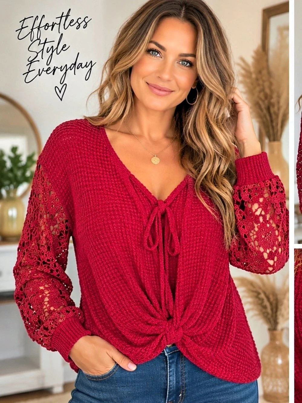 26”ptp Red Long Sleeve Tie Front Top